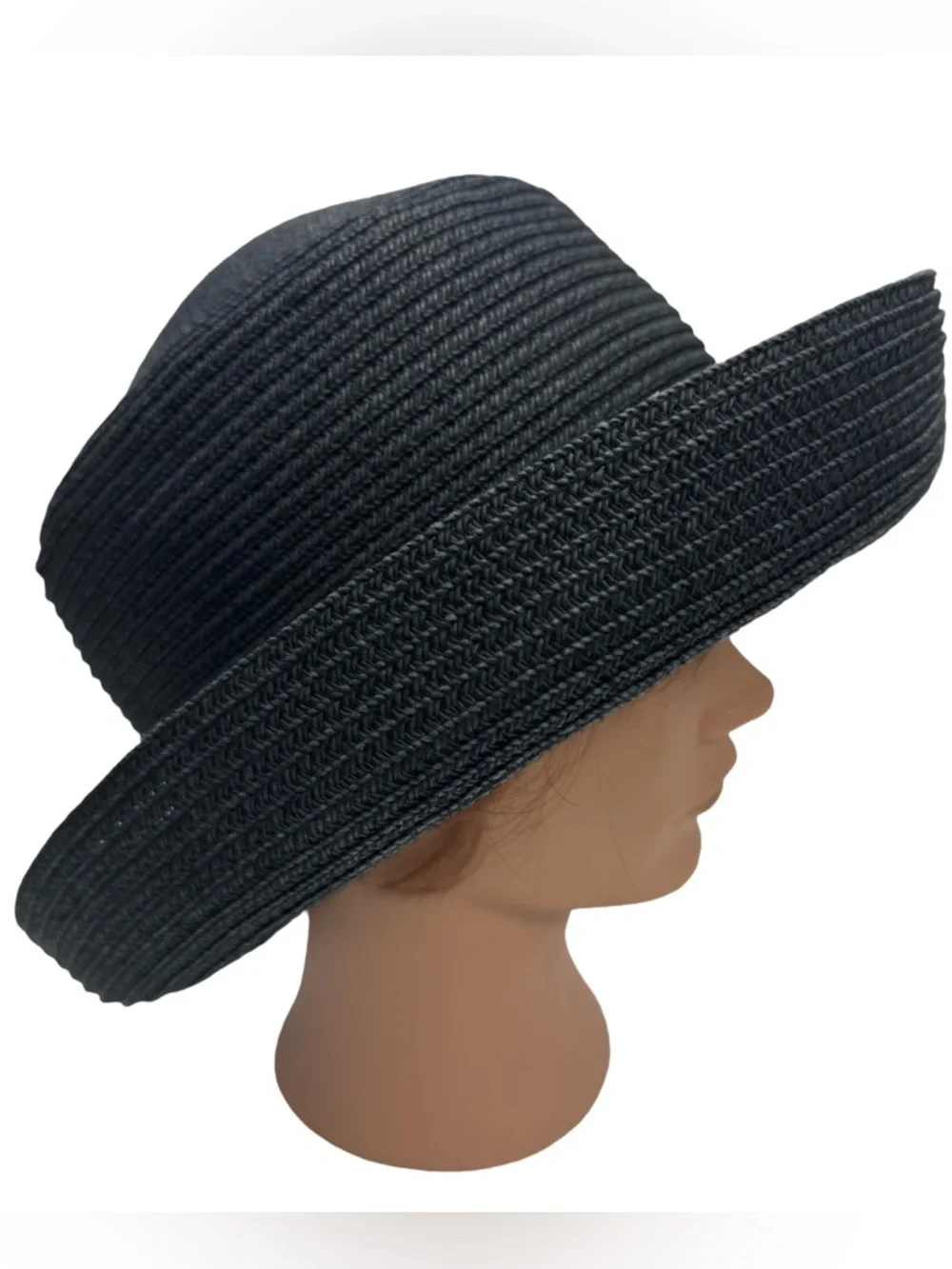 Chico's Navy Blue Black Woven Straw Sun Hat Kettle Brim Classic